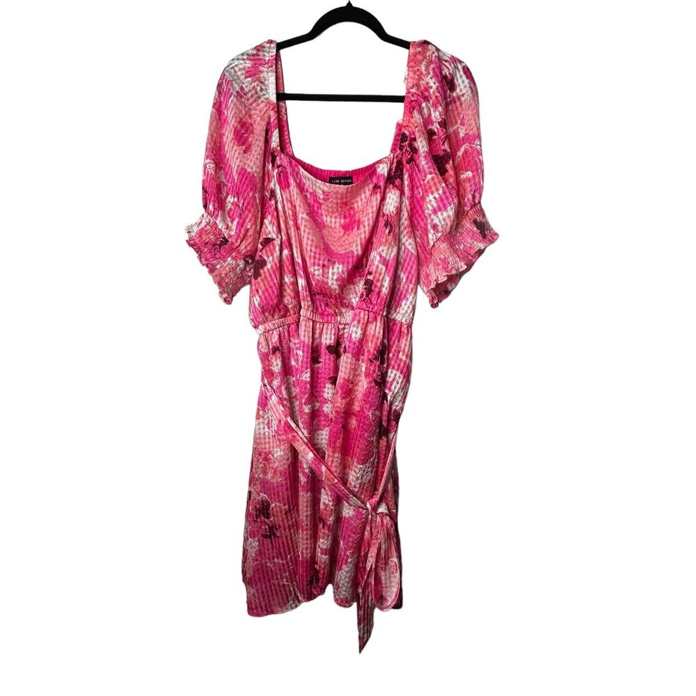Lane Bryant Dress Size‎ 22 Pink Smocked Cuff-Sleeve Square-Neck Fit & Flare Belt